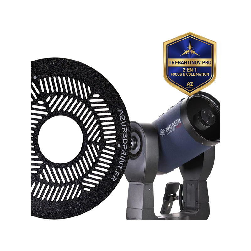 Black PETG Tri-Bahtinov mask for Meade LX200 8 inch telescope focusing and secondary collimation tool.
