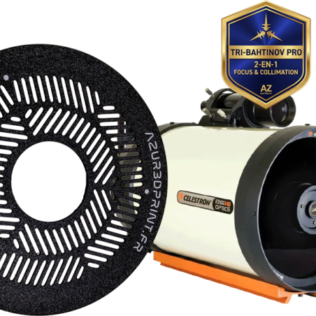 Black PETG Tri-Bahtinov mask for Celestron C8 EdgeHD telescope, focusing and secondary mirror alignment tool.