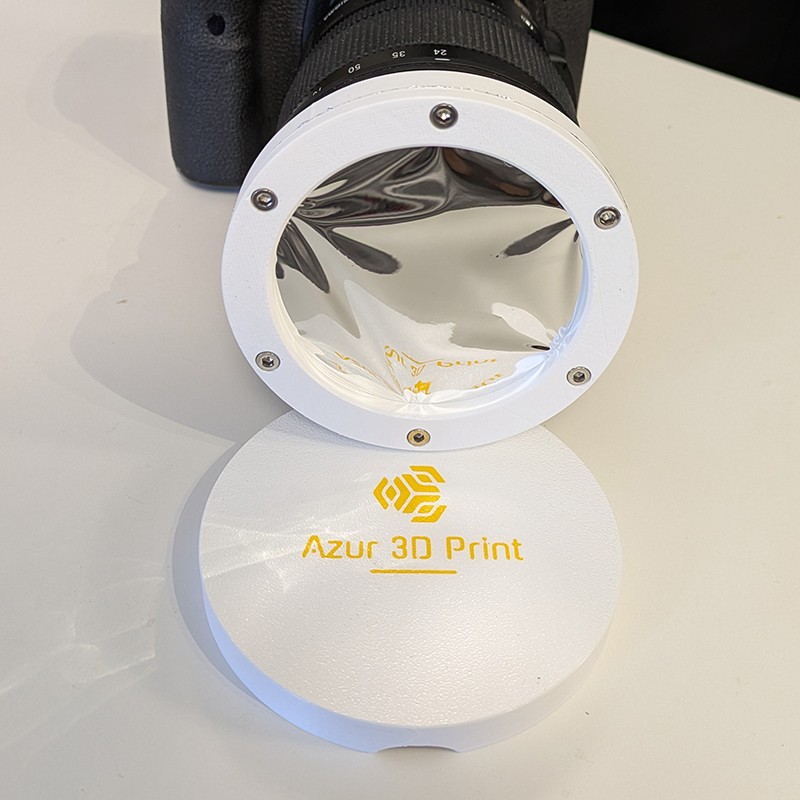 Support de filtre solaire en PETG blanc avec bague alu vissee pour objectif photo Canon Nikon Sony Sigma.